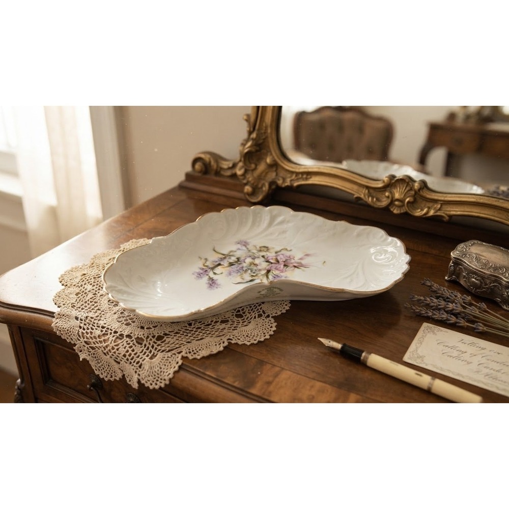 Wolf Creek Porcelain Trinket Dish Floral Lilac Gold Rim Kidney Jewelry Tray